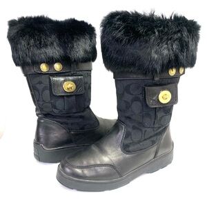Coach Kimberly Fur Boots Womens 8M Black Leather Fabric Logo Pocket Side Zipper